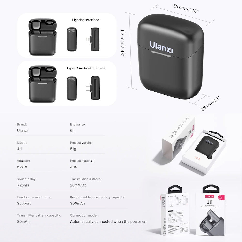 ULANZI J11 Wireless Microphone Lavalier Vlog Live Mic for Smartphone Tee-Saurus