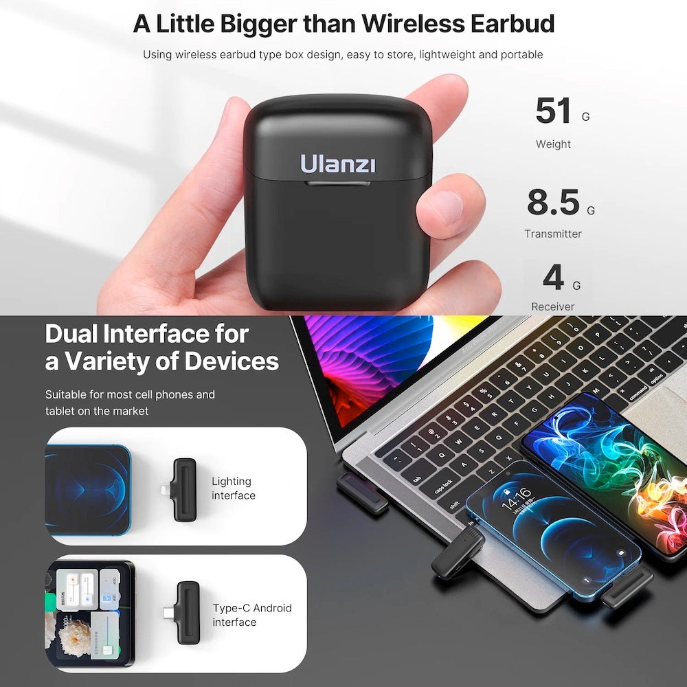ULANZI J11 Wireless Microphone Lavalier Vlog Live Mic for Smartphone Tee-Saurus